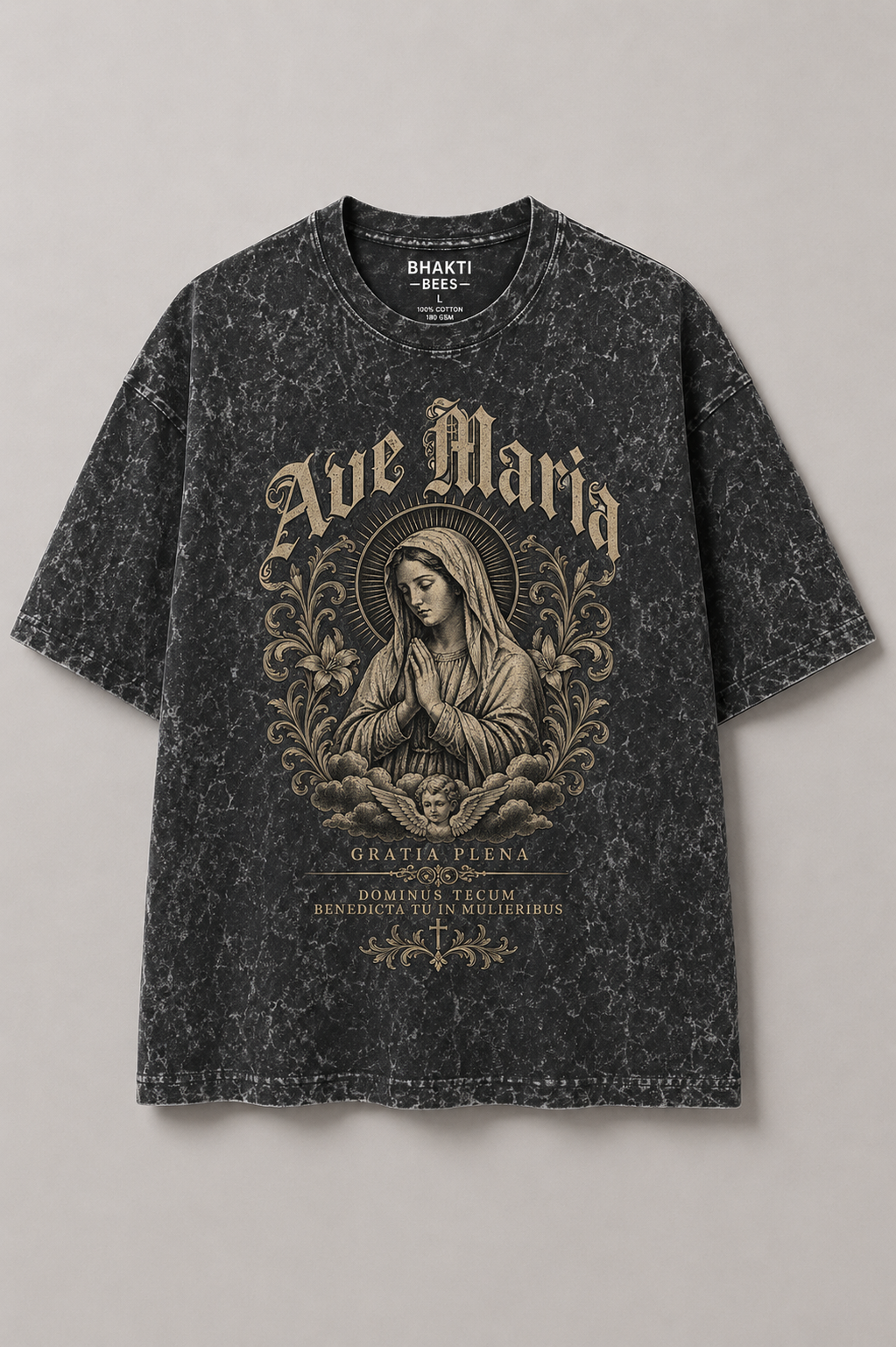 Oversized Premium Tshirt | Velankanni Matha Vintage Gratia Design | Stone Black