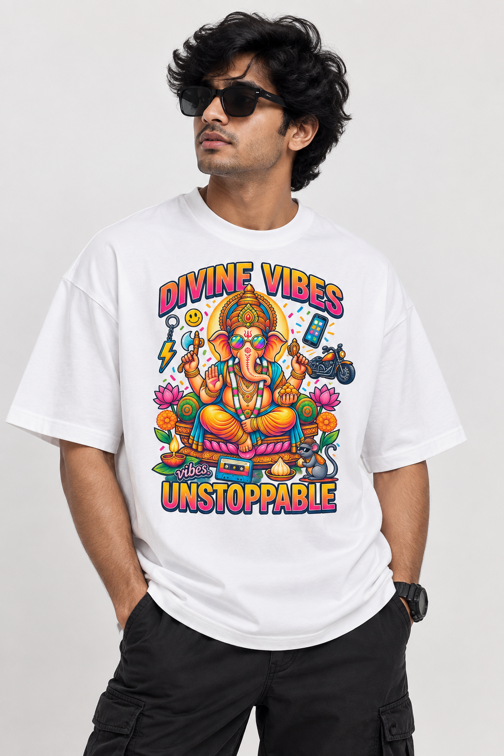 Divine Vibes Ganesha Oversized T-Shirt – Unstoppable | White