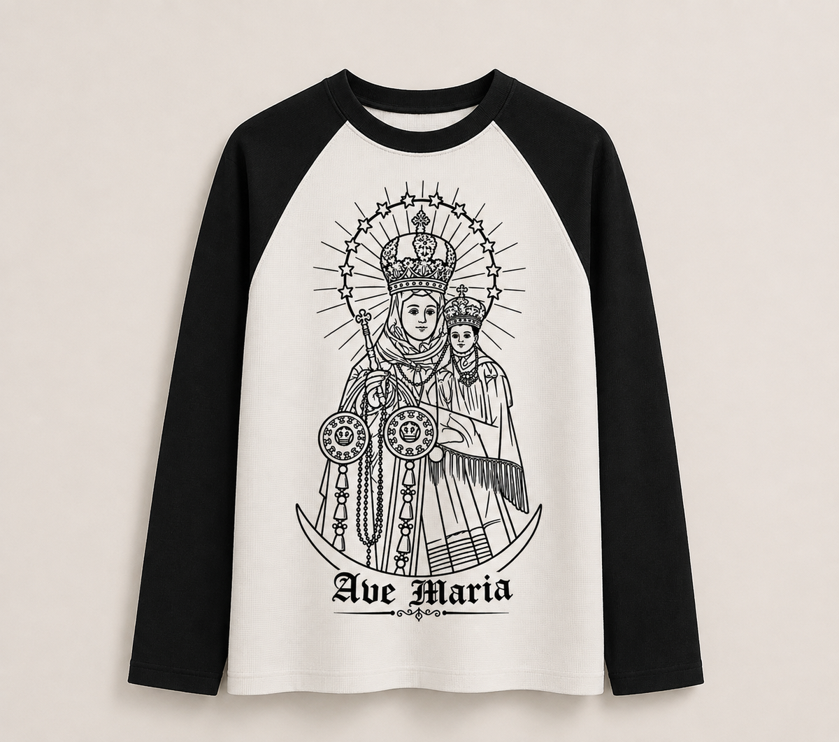 Waffle-Knit Full Sleeve Velankanni Mary Premium Tshirt | Ranglan | Black