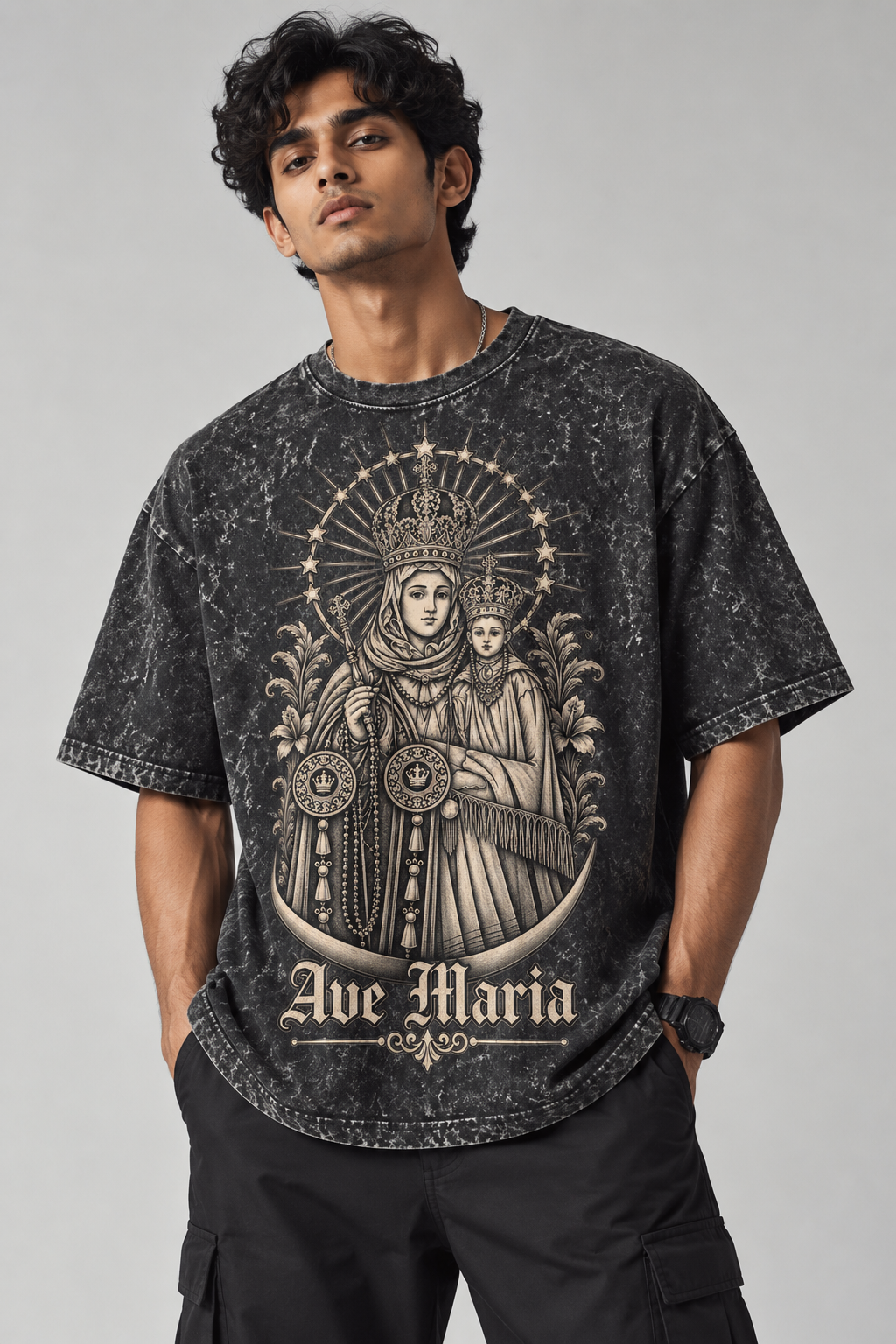 Oversized Premium Tshirt | Velankanni Matha Vintage Design | Stone Black