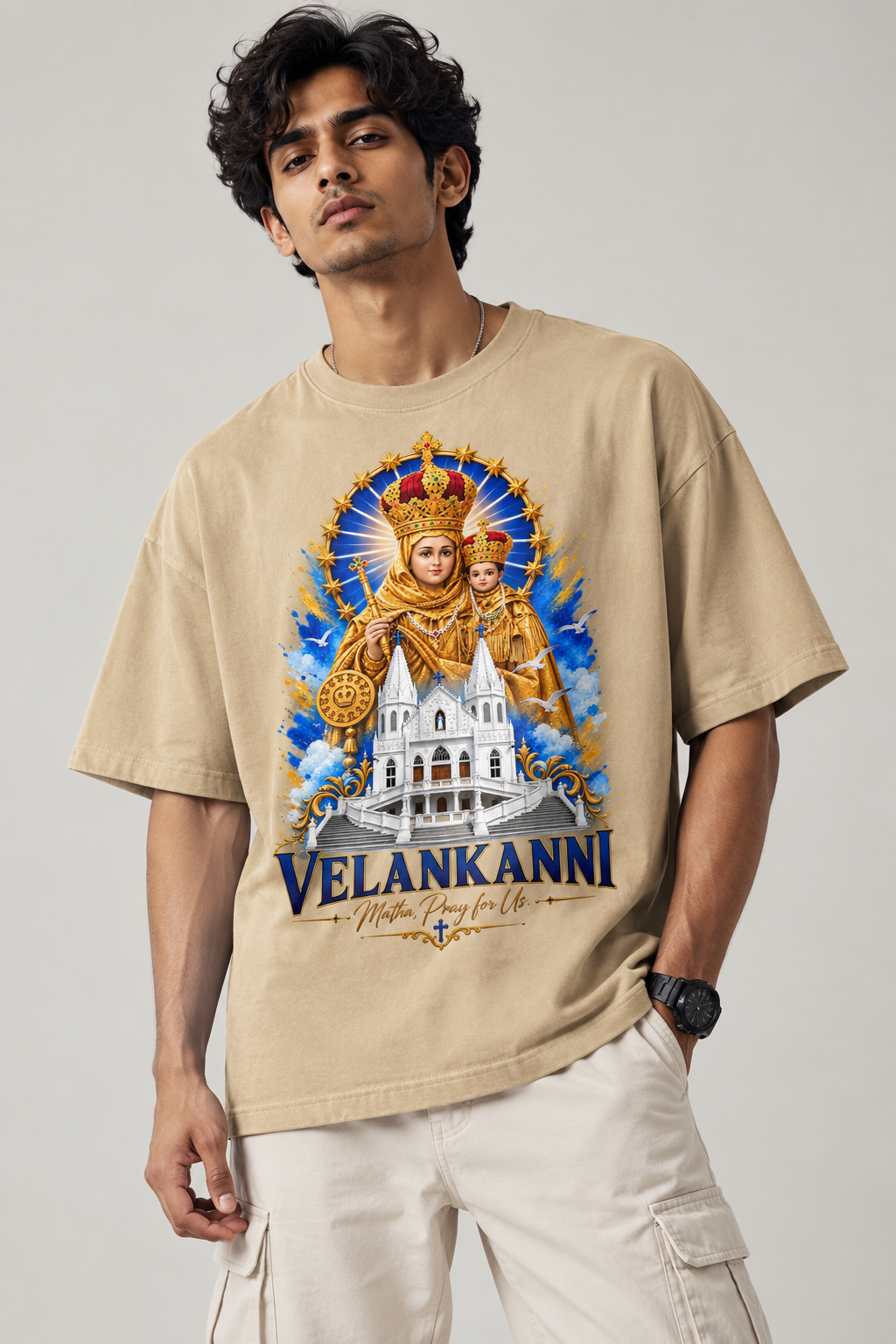 Oversized Premium Tshirt | Velankanni Matha Design | Beige