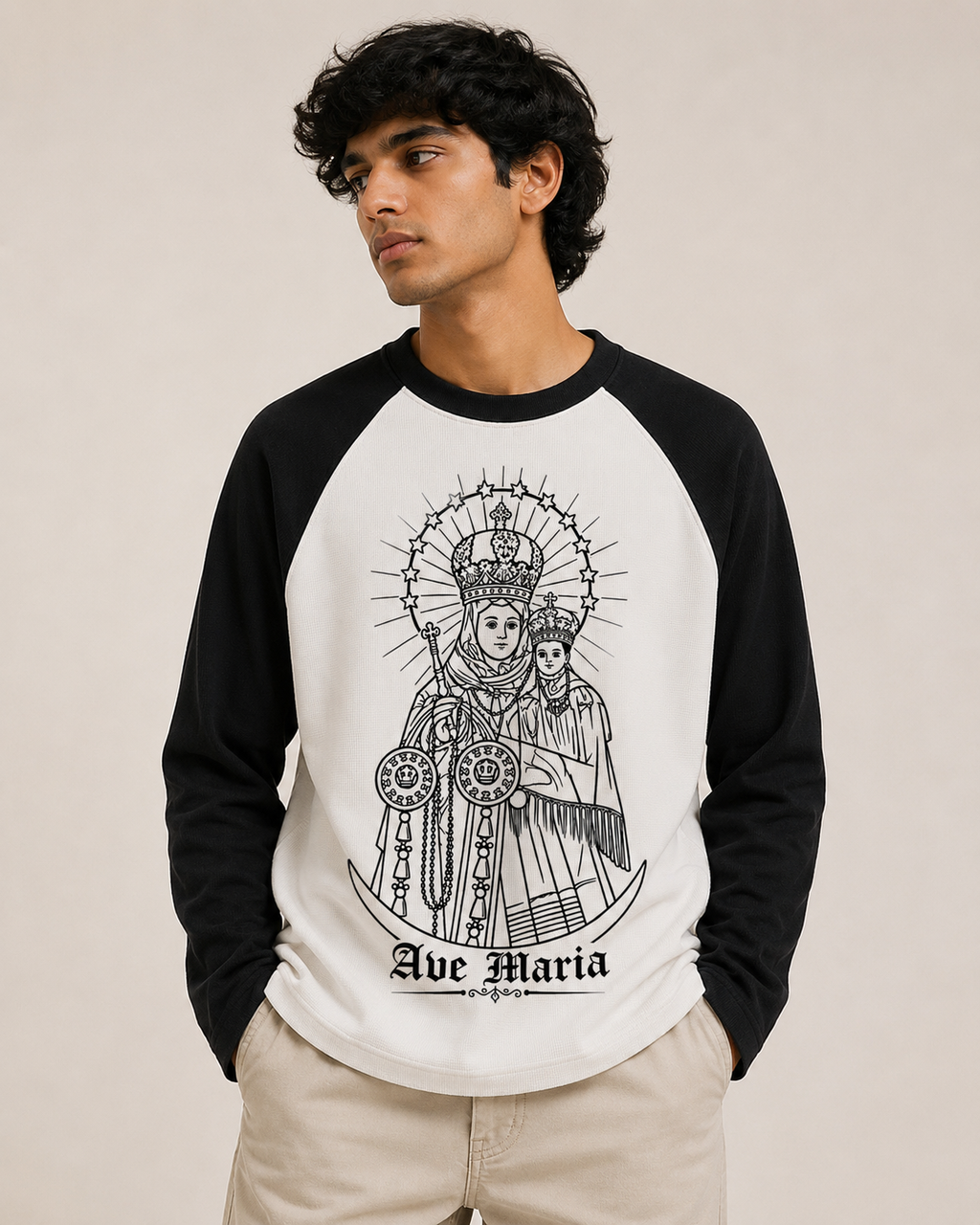 Waffle-Knit Full Sleeve Velankanni Mary Premium Tshirt | Ranglan | Black