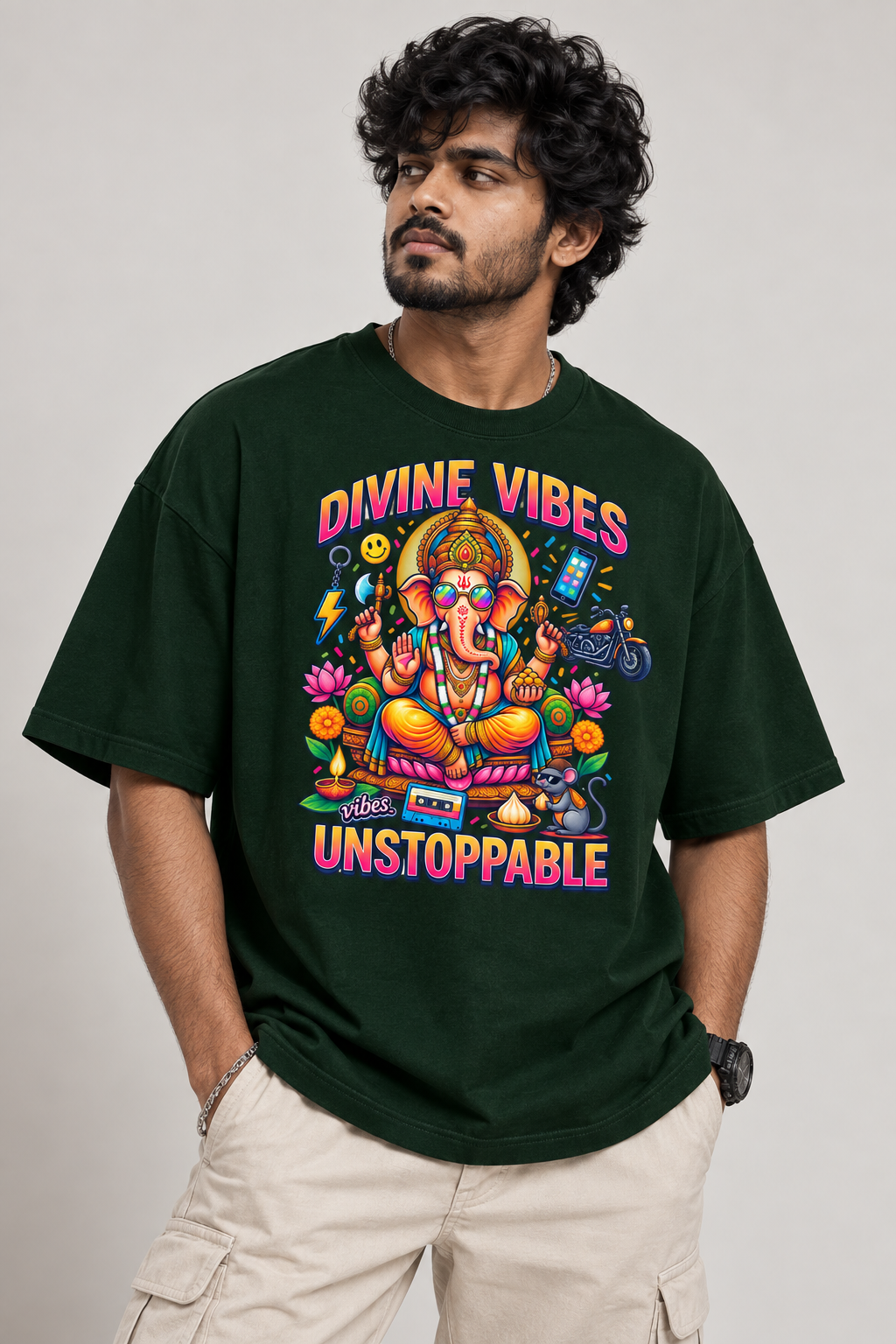 Divine Vibes Ganesha Oversized T-Shirt – Unstoppable | Dark Green