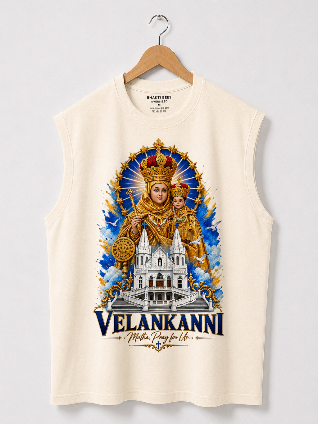 Velankanni Mary Oversized Tank Top | Premium Sleeveless Tshirt | Off White