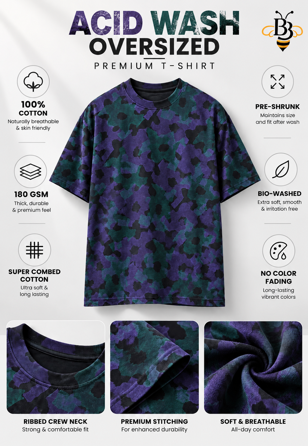 Leaf Camo Fade – Acid Wash Oversized Premium T-Shirt