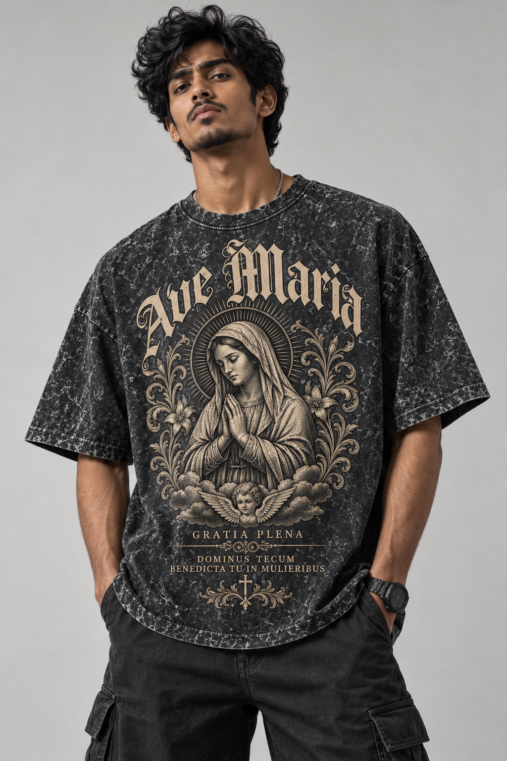 Oversized Premium Tshirt | Velankanni Matha Vintage Gratia Design | Stone Black