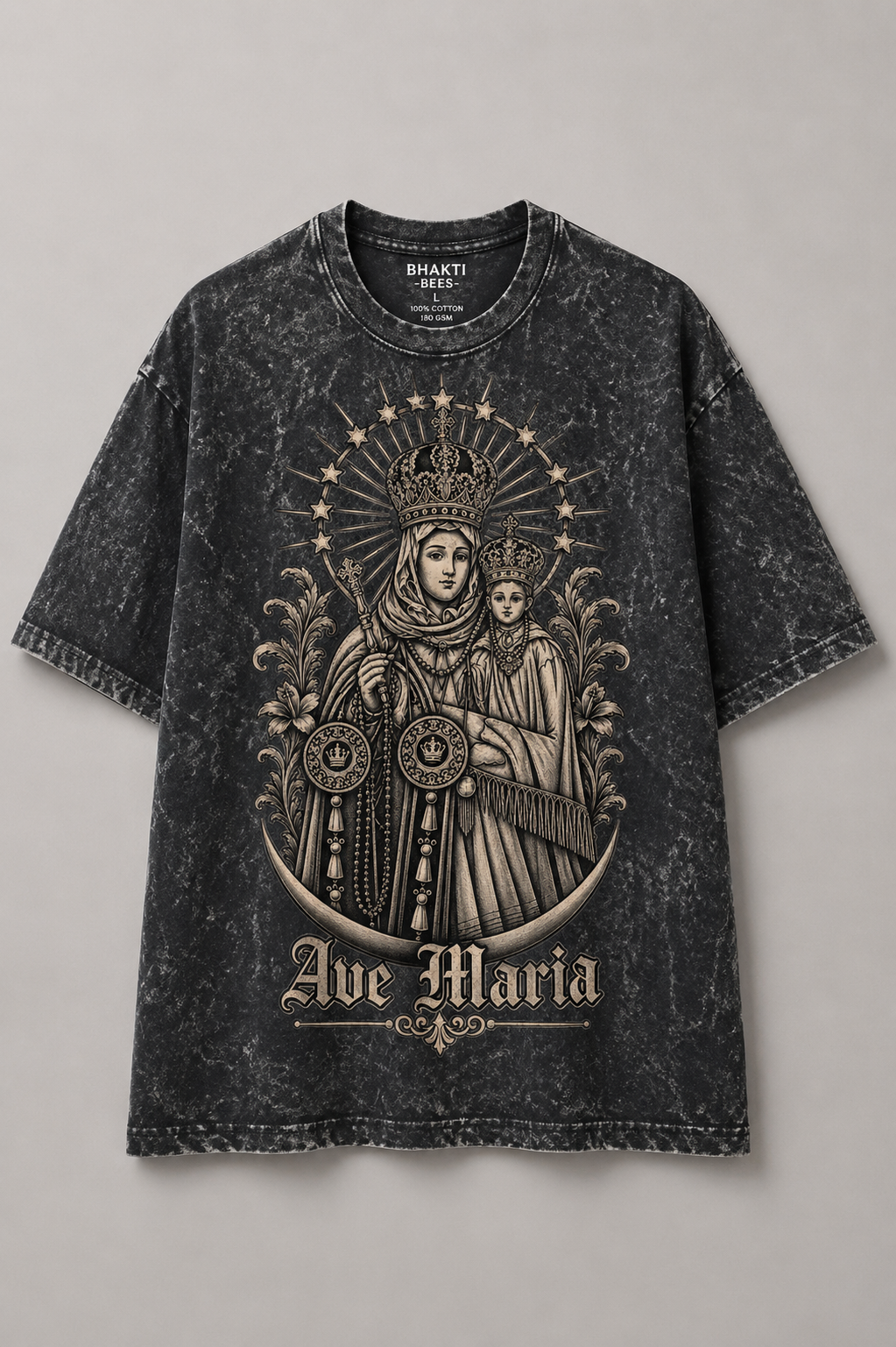 Oversized Premium Tshirt | Velankanni Matha Vintage Design | Stone Black