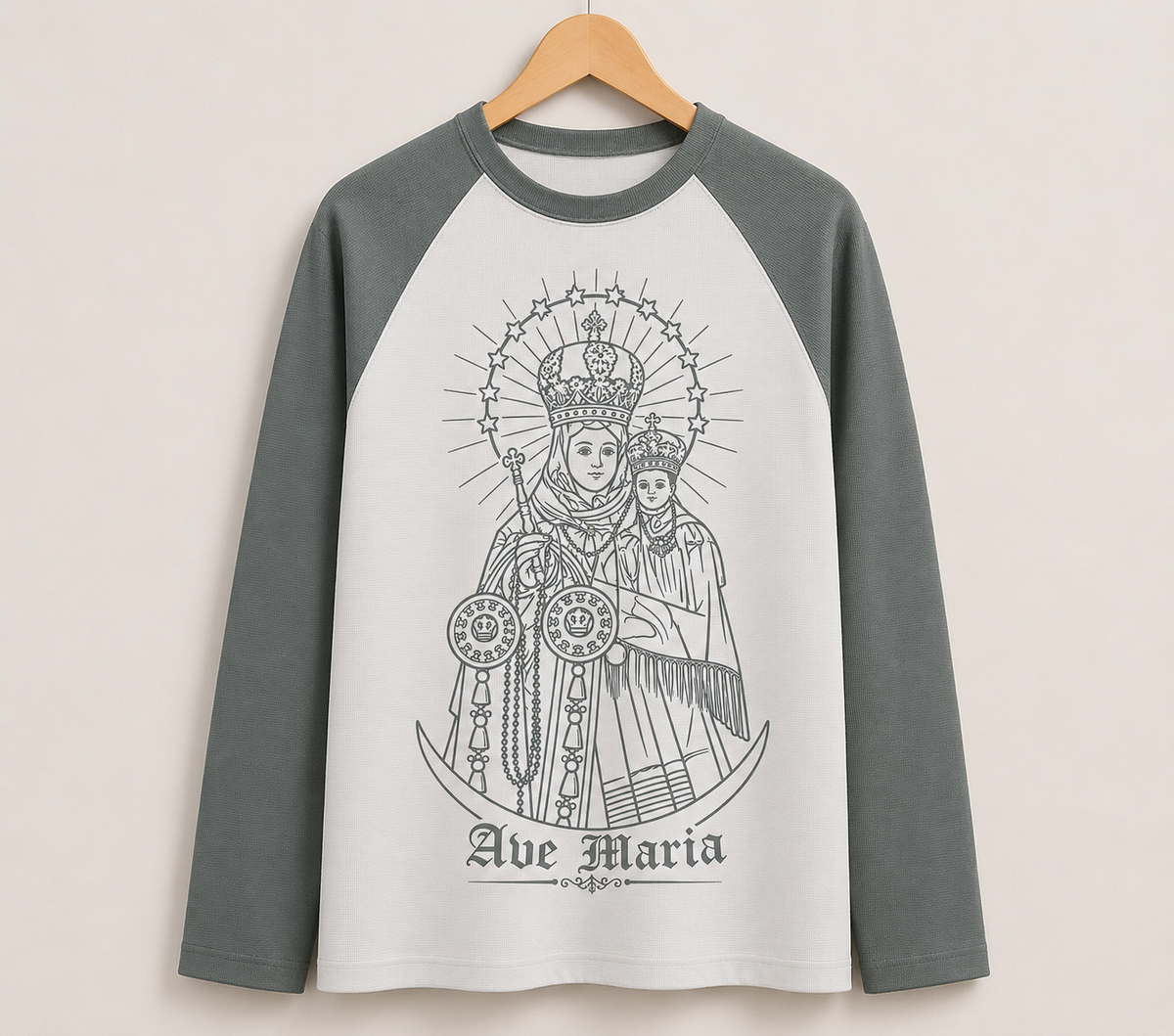 Waffle-Knit Full Sleeve Velankanni Mary Premium Tshirt | Ranglan | Nickel Grey