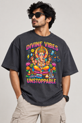 Divine Vibes Ganesha Oversized T-Shirt – Unstoppable | Grey