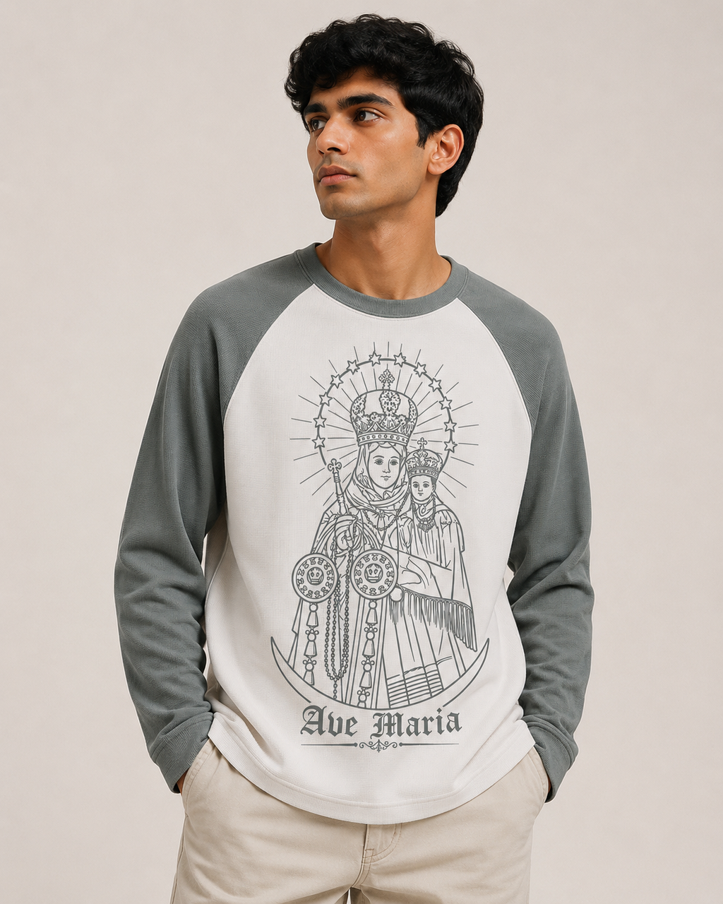 Waffle-Knit Full Sleeve Velankanni Mary Premium Tshirt | Ranglan | Nickel Grey