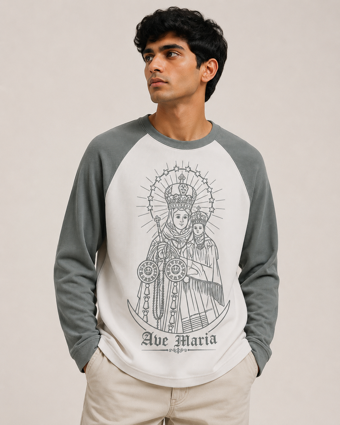 Waffle-Knit Full Sleeve Velankanni Mary Premium Tshirt | Ranglan | Nickel Grey