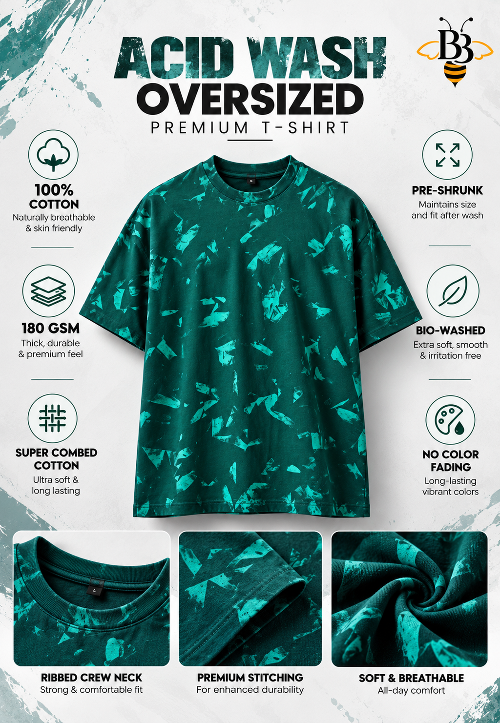 Dark Green Splatter Wash – Acid Wash Oversized Premium T-Shirt