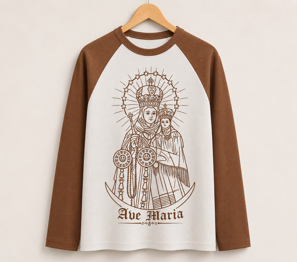 Waffle-Knit Full Sleeve Velankanni Mary Premium Tshirt | Ranglan | Warm Brown