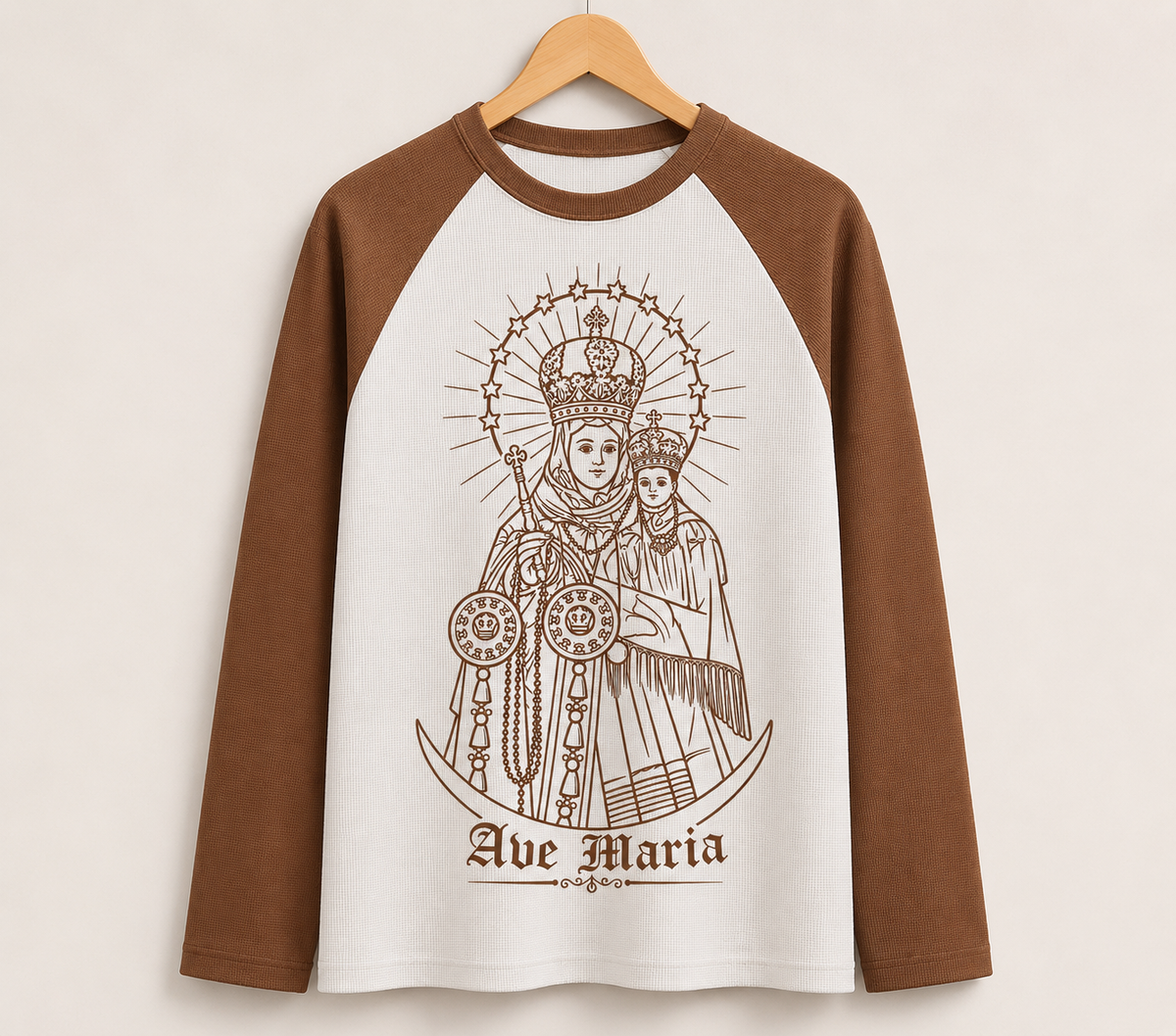 Waffle-Knit Full Sleeve Velankanni Mary Premium Tshirt | Ranglan | Warm Brown