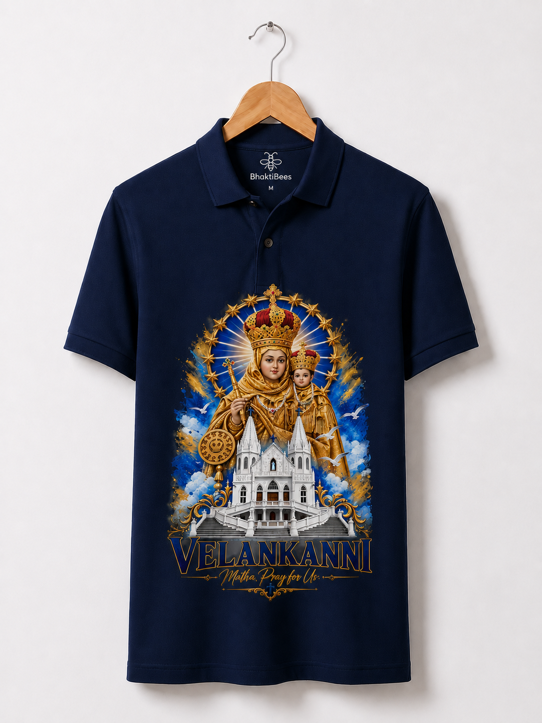 Velankanni Mary Arockia Matha, Basilica Lady of Good Health | Devotional Premium Polo Tshirt | Pearl Blue