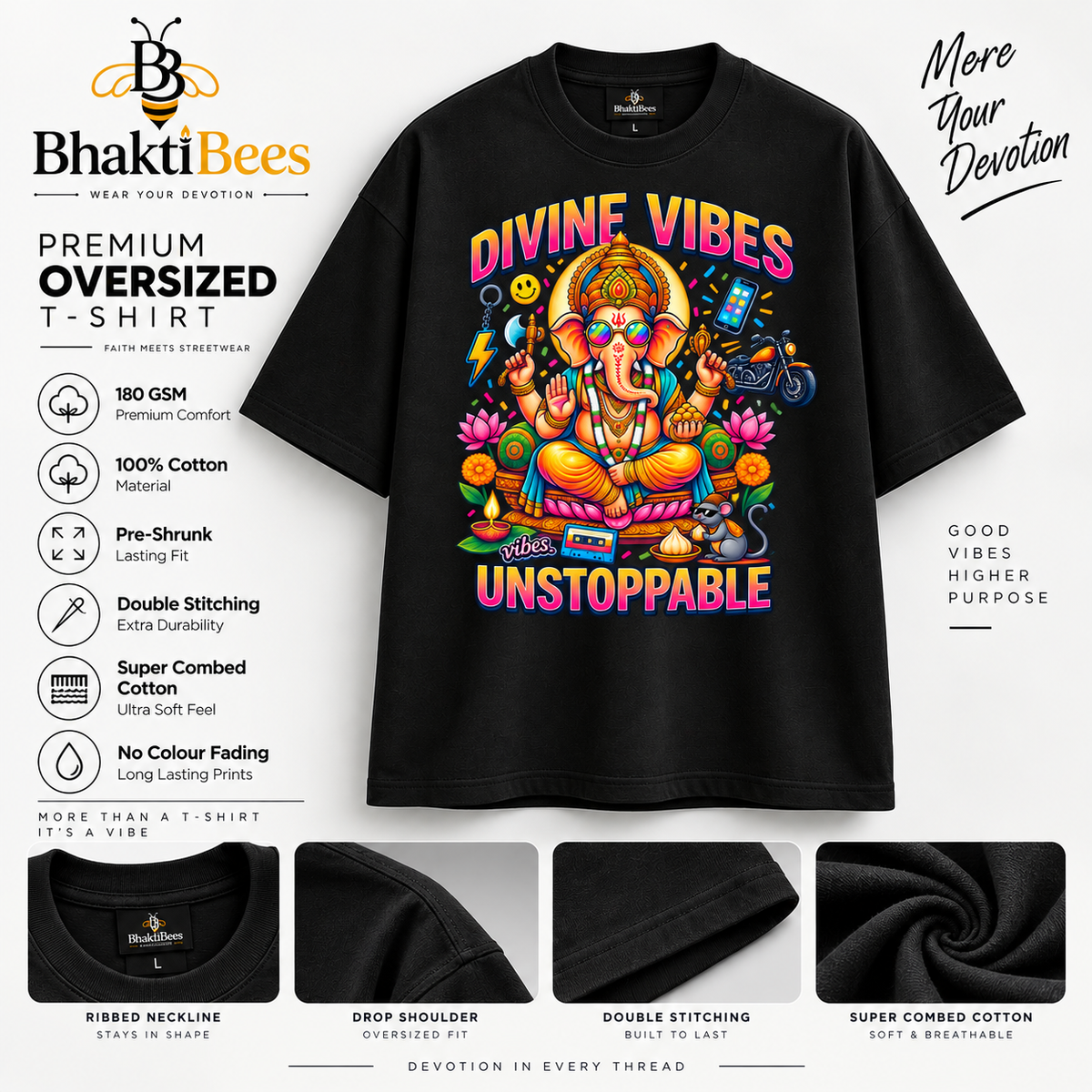 Divine Vibes Ganesha Oversized T-Shirt – Unstoppable | Black
