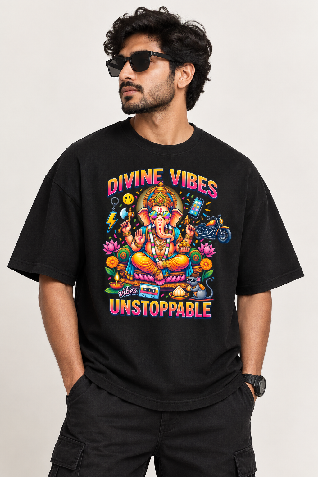 Divine Vibes Ganesha Oversized T-Shirt – Unstoppable | Black
