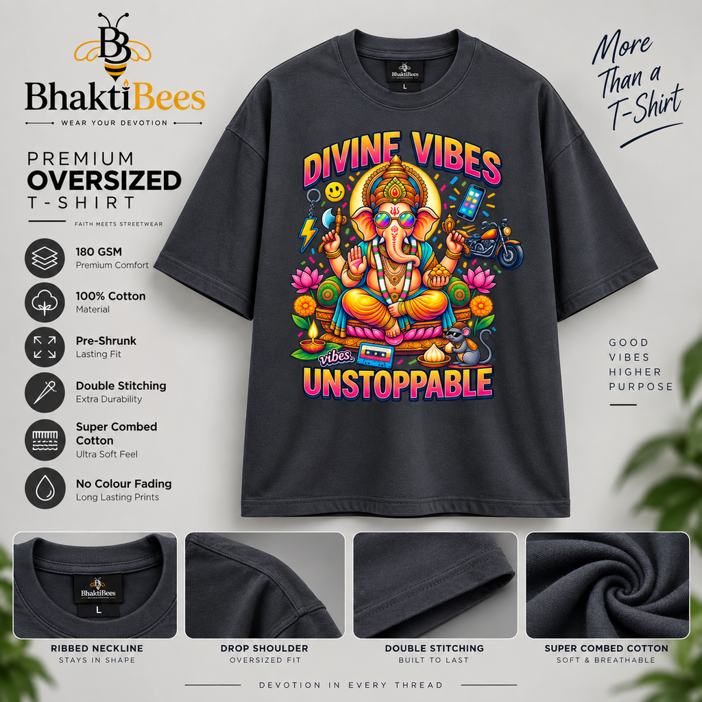 Divine Vibes Ganesha Oversized T-Shirt – Unstoppable | Grey