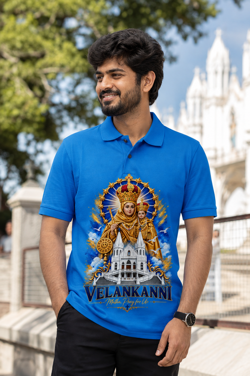 Velankanni Mary Arockia Matha, Basilica Lady of Good Health | Devotional Premium Polo Tshirt | Blue