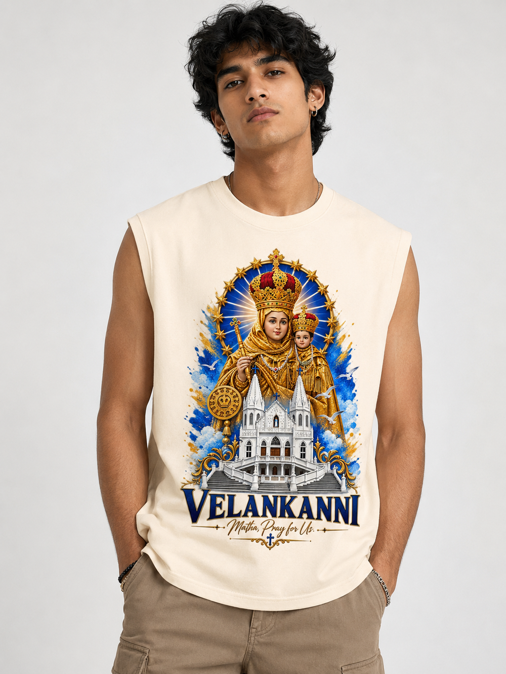 Velankanni Mary Oversized Tank Top | Premium Sleeveless Tshirt | Off White