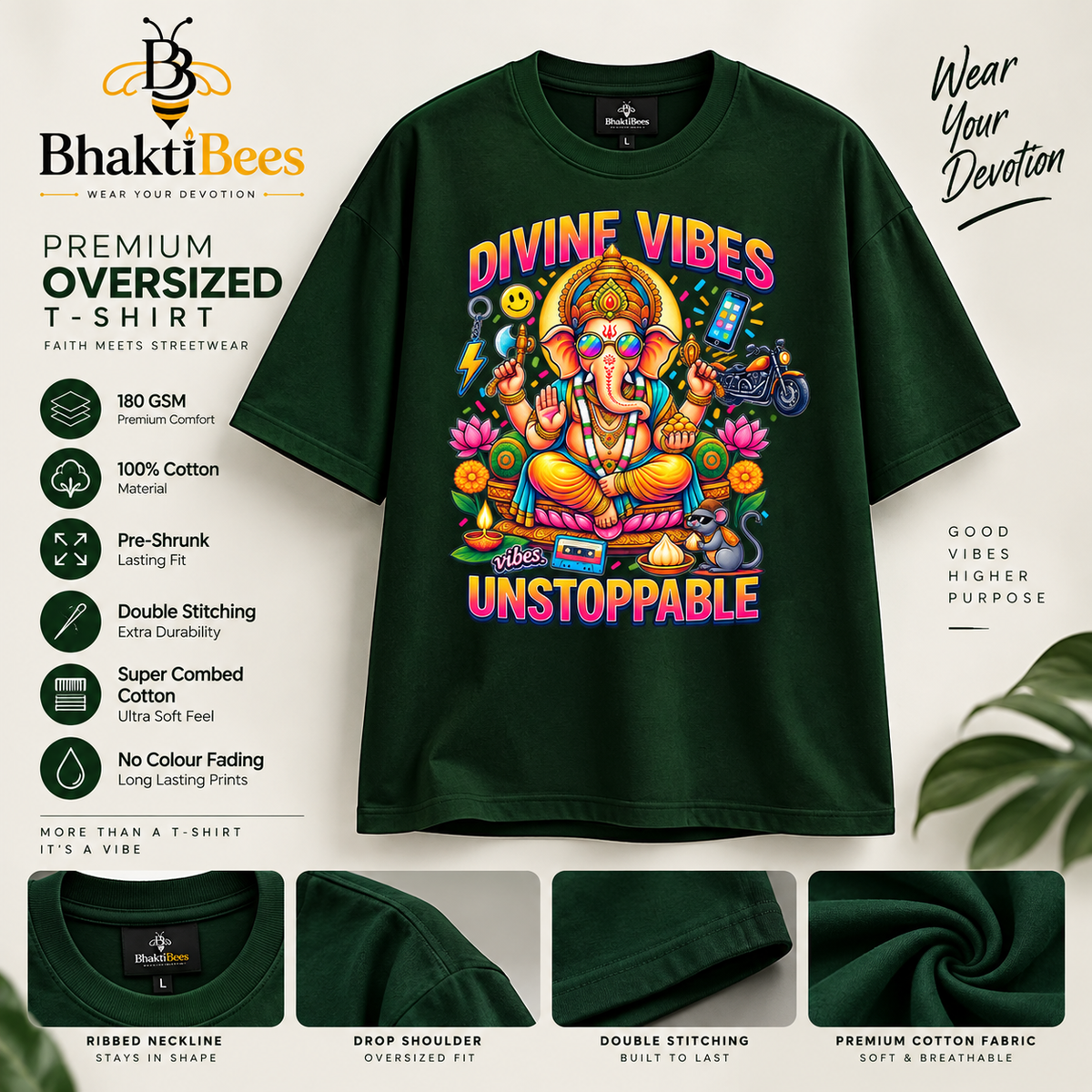 Divine Vibes Ganesha Oversized T-Shirt – Unstoppable | Dark Green