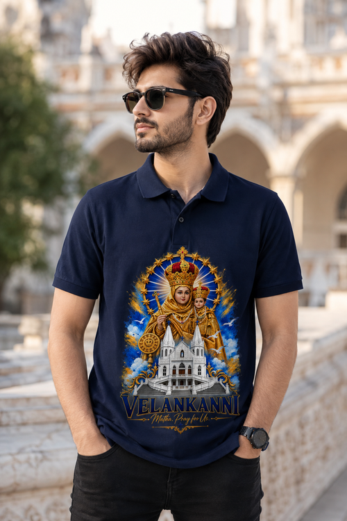 Velankanni Mary Arockia Matha, Basilica Lady of Good Health | Devotional Premium Polo Tshirt | Pearl Blue