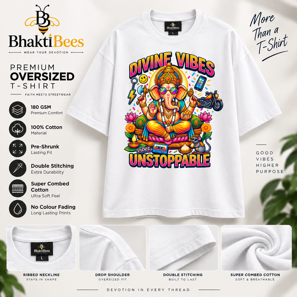 Divine Vibes Ganesha Oversized T-Shirt – Unstoppable | White