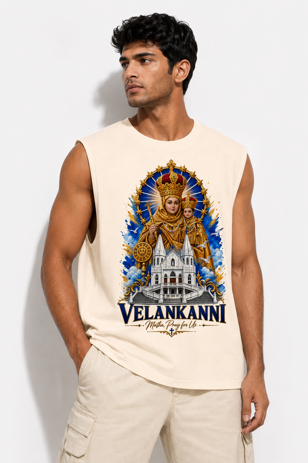Velankanni Mary Oversized Tank Top | Premium Sleeveless Tshirt | Off White