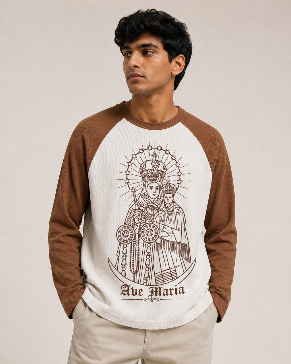 Waffle-Knit Full Sleeve Velankanni Mary Premium Tshirt | Ranglan | Warm Brown