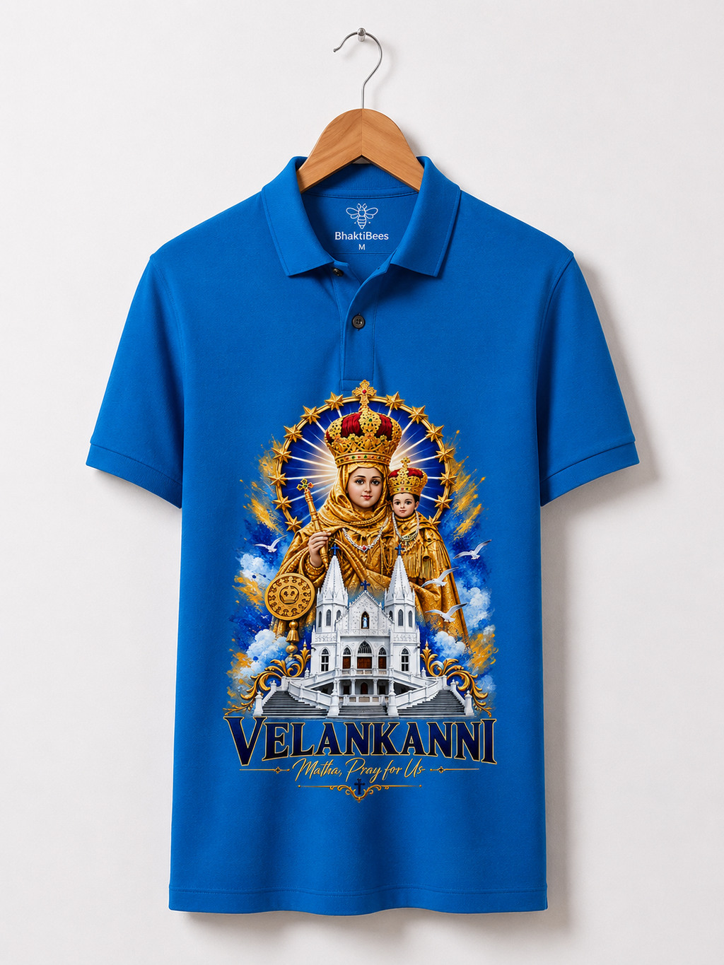 Velankanni Mary Arockia Matha, Basilica Lady of Good Health | Devotional Premium Polo Tshirt | Blue