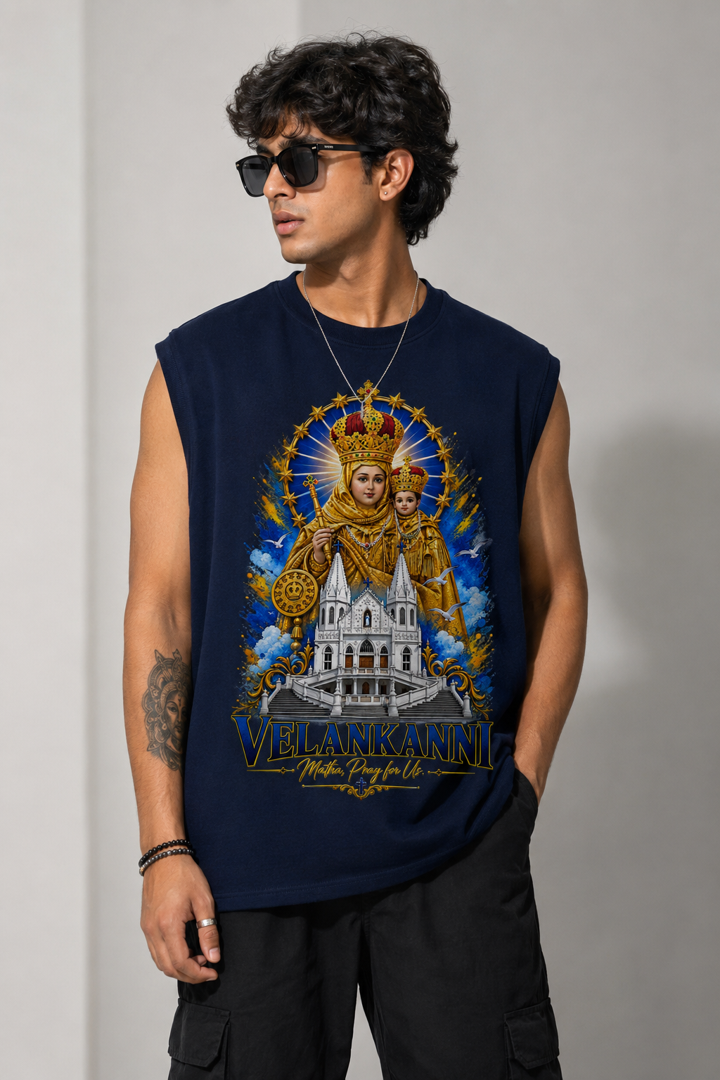 Velankanni Mary Oversized Tank Top | Premium Sleeveless Tshirt | Pearl Blue